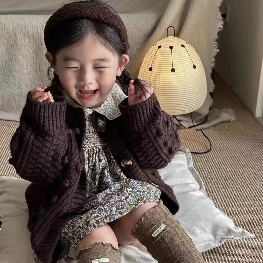 

Girls' Sweater Cardigan Spring and Autumn New Collection Children's Coffee Color Coarse Needle Sweater Loose Top