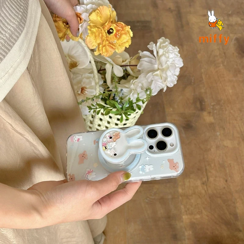 Kawaii Miffy الهاتف قذيفة مناسبة آيفون 17 16 15 14 الكرتون المغناطيسي حامل بوريس و Snuffy مكافحة قطرة جراب هاتف فتاة الهدايا