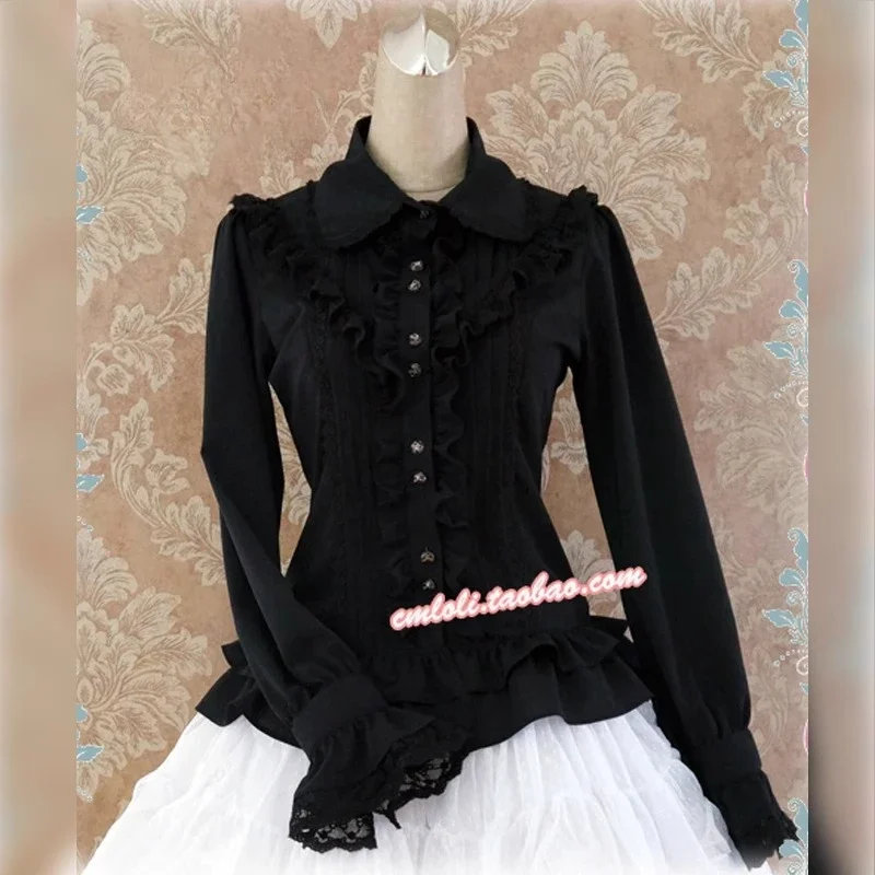 New Spring Women's Ruffles Lace Splicing Long Sleeve Shirt Tops Elegant Solid Color Ladies Lace-Up Slim Lolita Retro Blouses