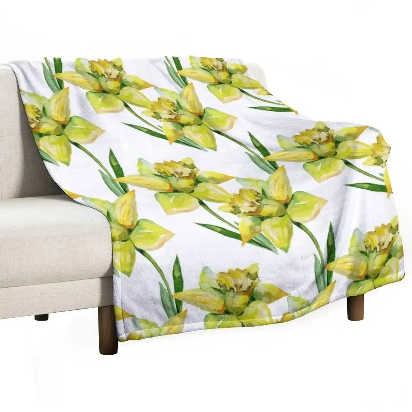 Spring hand painted yellow green watercolor daffodils floral Throw Blanket