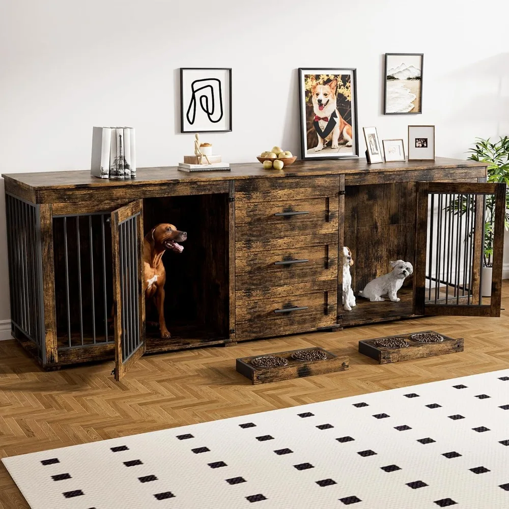 

94.5" Dog Crate Furniture for 2 Dogs, Large Dog Kennel Furniture with 3 Storage Drawer, Wooden Dog Cage with 4 Bowls, Indoor Do