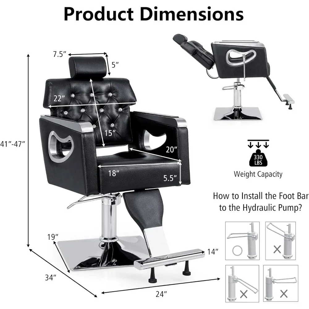 Cadeira de barbeiro reclinável com altura ajustável, Salon Chair, Bomba hidráulica pesada, acolchoado cabelo Styling cadeira, PVC Couro, 360 ° giratória