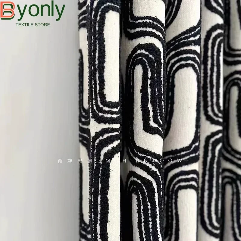 Black and White Flocking Thickened Jacquard Chenille Curtains for Living Room Bedroom French Window Balcony Window Customized