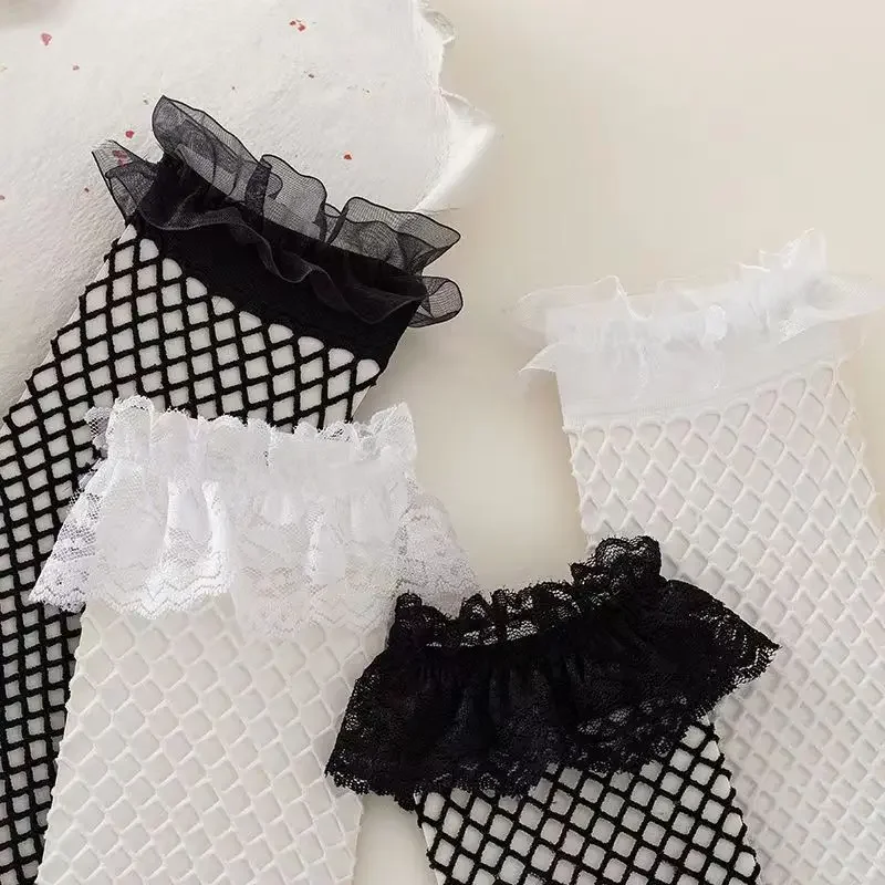 Sweet Lolita Fishnet Socks White Lace Edge Hollowed Out Mid Length Sock for Girls Summer Fashion Parent Child Mesh Ruffle Socks