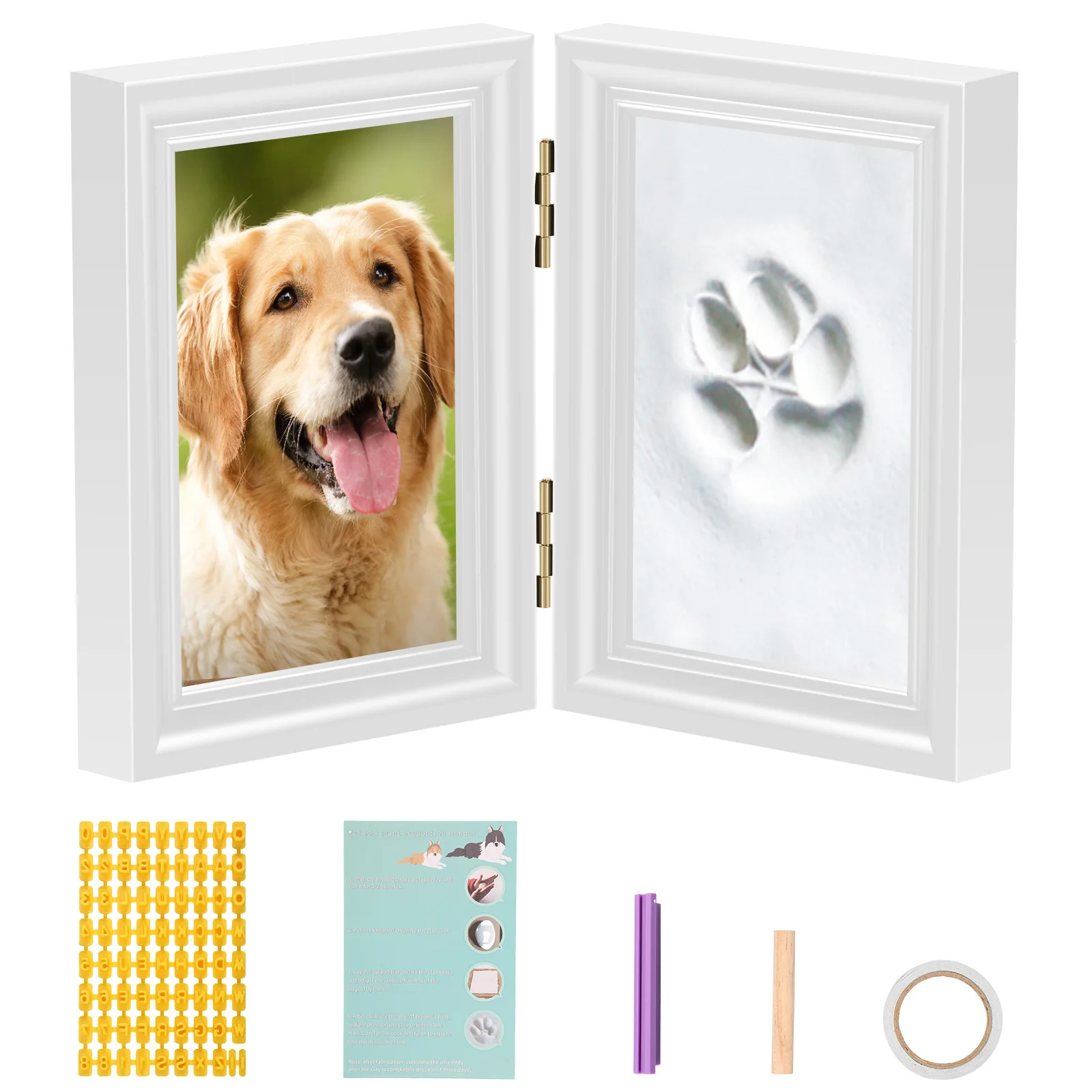 Pet Cat Dog Paw Prints Kit with Picture Frame and Imprint Clay DIY Pet Paw Print Keepsake Kit for Dogs Cats Pet Lovers Non-toxic