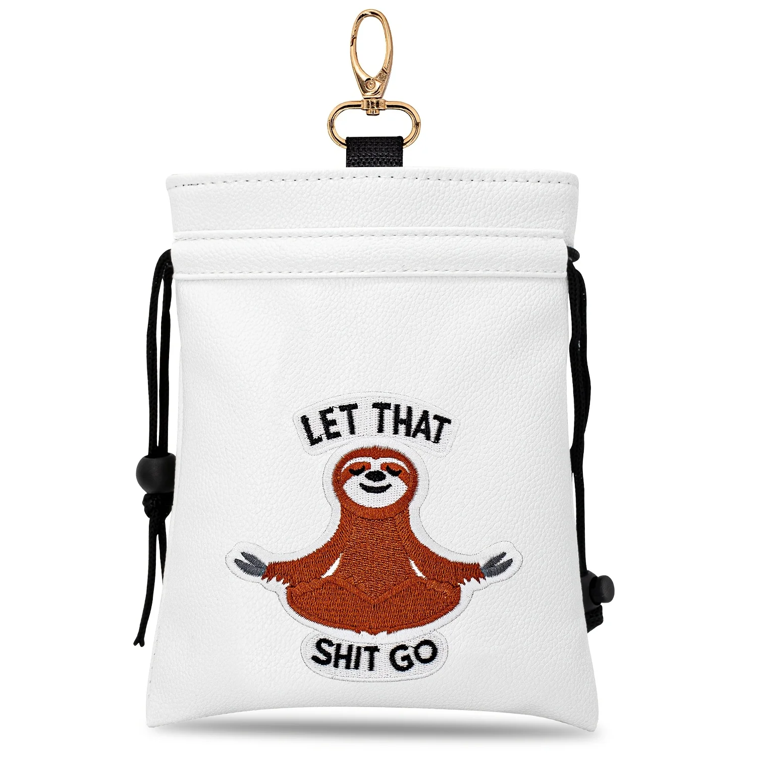 1pc White Drawstring Pouch with Meditating Sloth Pattern, Casual Relax Style Portable Storage Bag with Hook