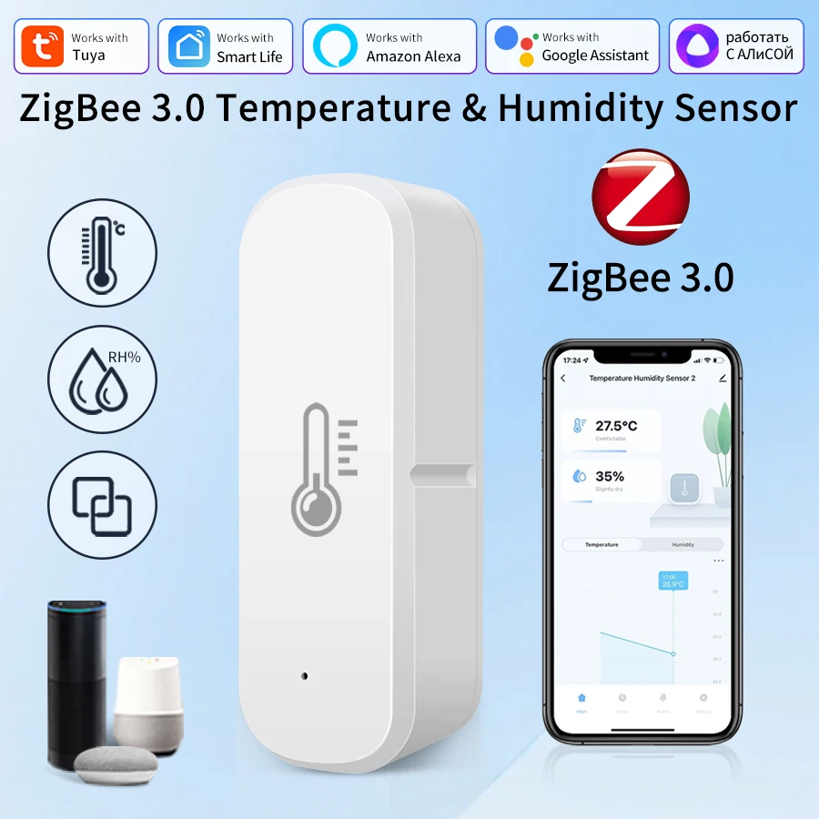 

Датчик температуры и влажности ZigBee, контроллер внутреннего термометра, голосовое управление для умного дома, работа с Alexa Google Assistant