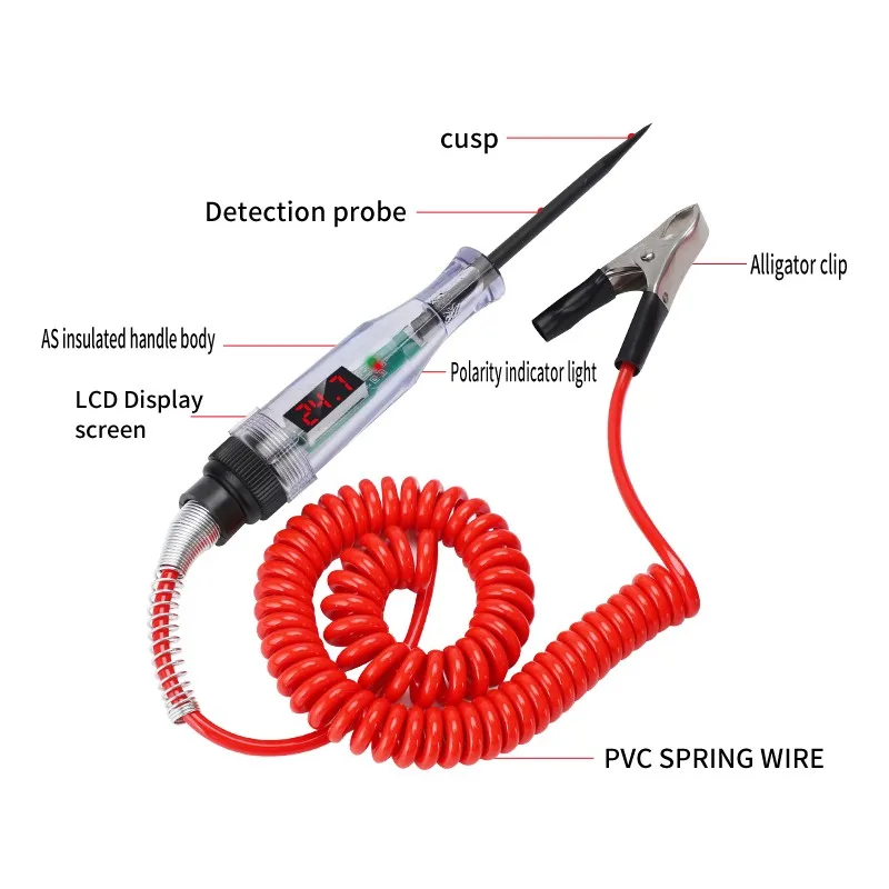 Car Voltage Tester 3-48V Digital LED Automotive Circuit Test Pen With Spring Wire and Voltage Display