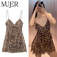 MUJER Leopard Print Tulle Dress Women Draped Slip Short Dresses Woman Sexy Backless Mini Dress Woman Summer Beach Women Dress