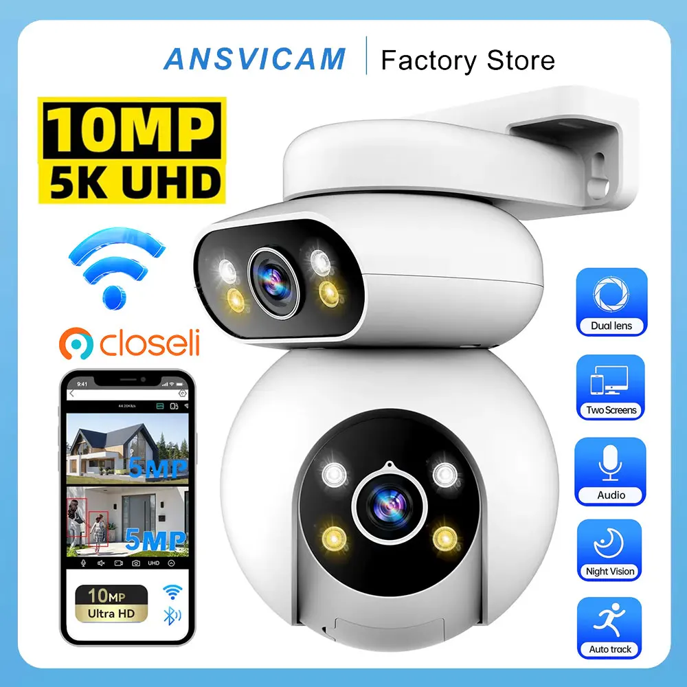 ANSVICAM Dual Lens 5K Security Camera Wifi Outdoor Auto Tracking 360° PTZ Camera 4K 8MP Color Night Vision Wireless Surveillance