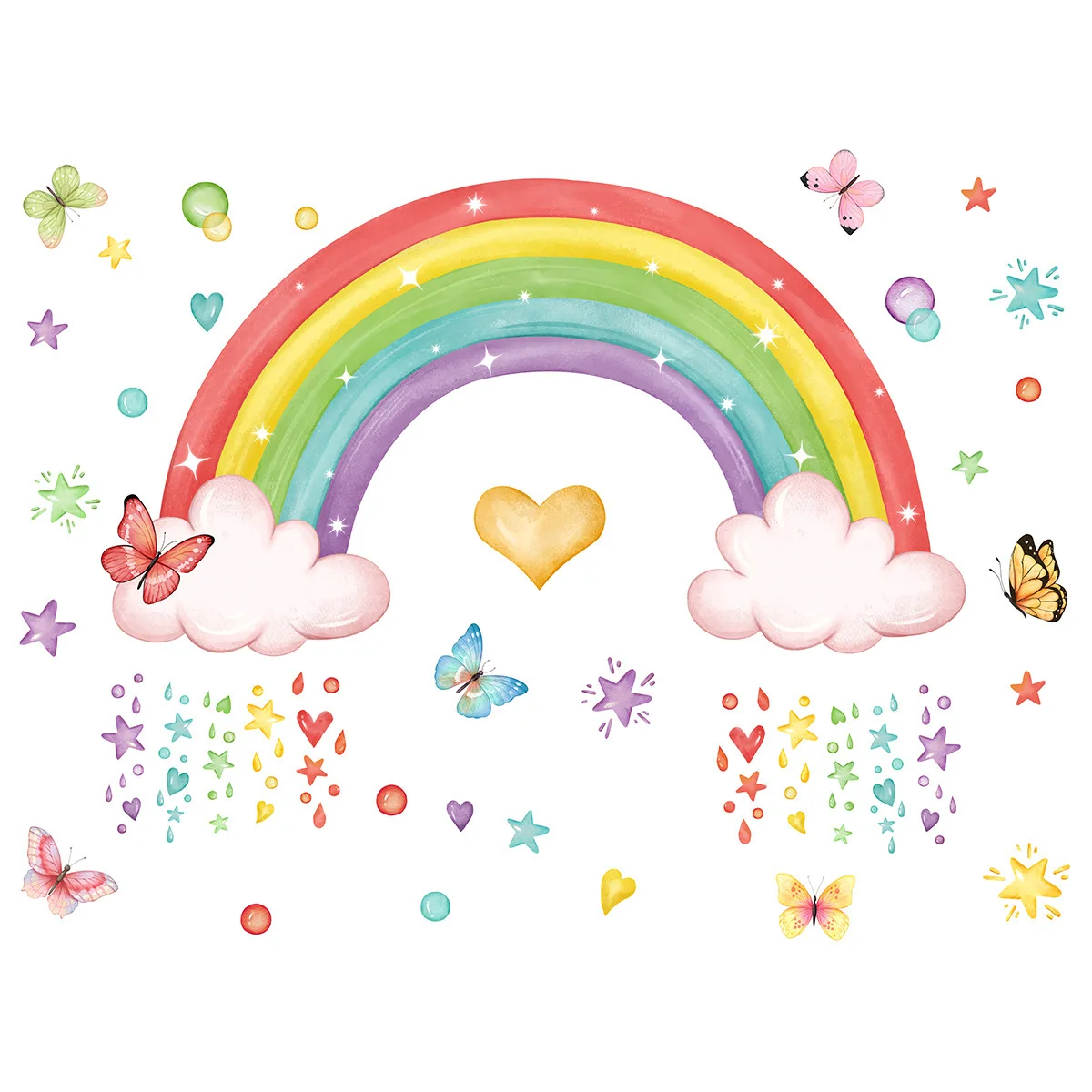 Rainbow Rain Drops Love Hearts Butterfly Wall Decals Kids Babies Infant Nursery Kindergarton Decor Stickers Self-adhesive Art