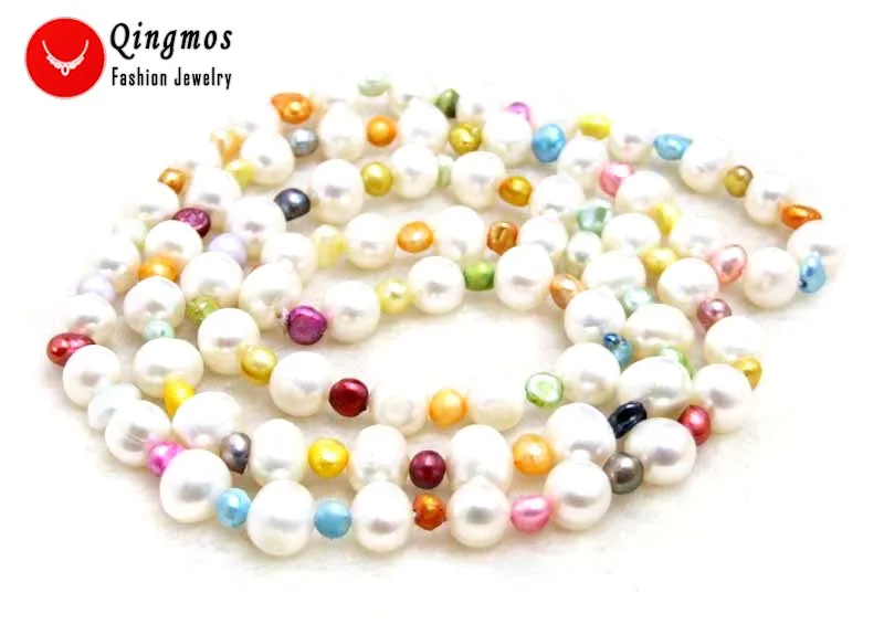 Qingmos 8-9mm Round Natural White Pearl Necklace for Women with 5mm Baroque Multicolor Pearl Sweater Long Necklace 30'' Jewelry