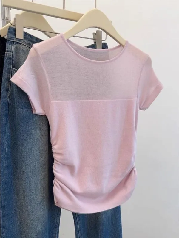 Sweet And Spicy Ice Silk Design Sensation Ultra Beautiful Pleated Waist T-Shirt Short Sleeve Women Pure Desire Knitted Small ...
