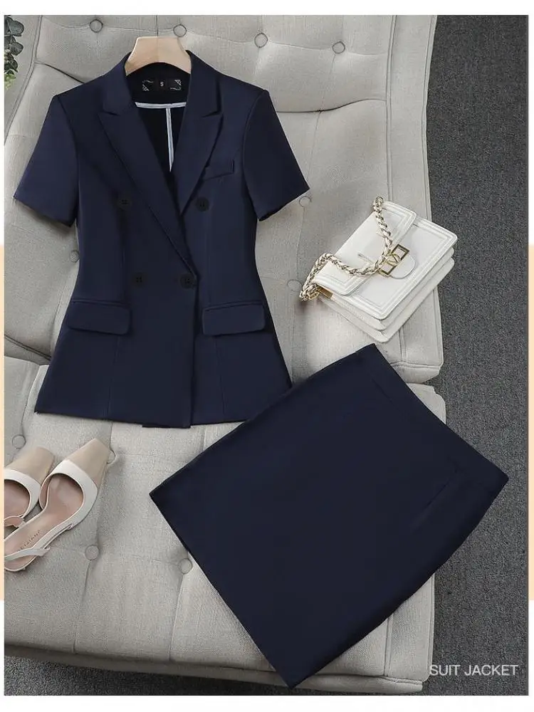 

Summer Women Solid Elegant Short Sleeve Double Breasted Blazer Top And High Waist Mini Skirt Professional Workwear Two-piece Set