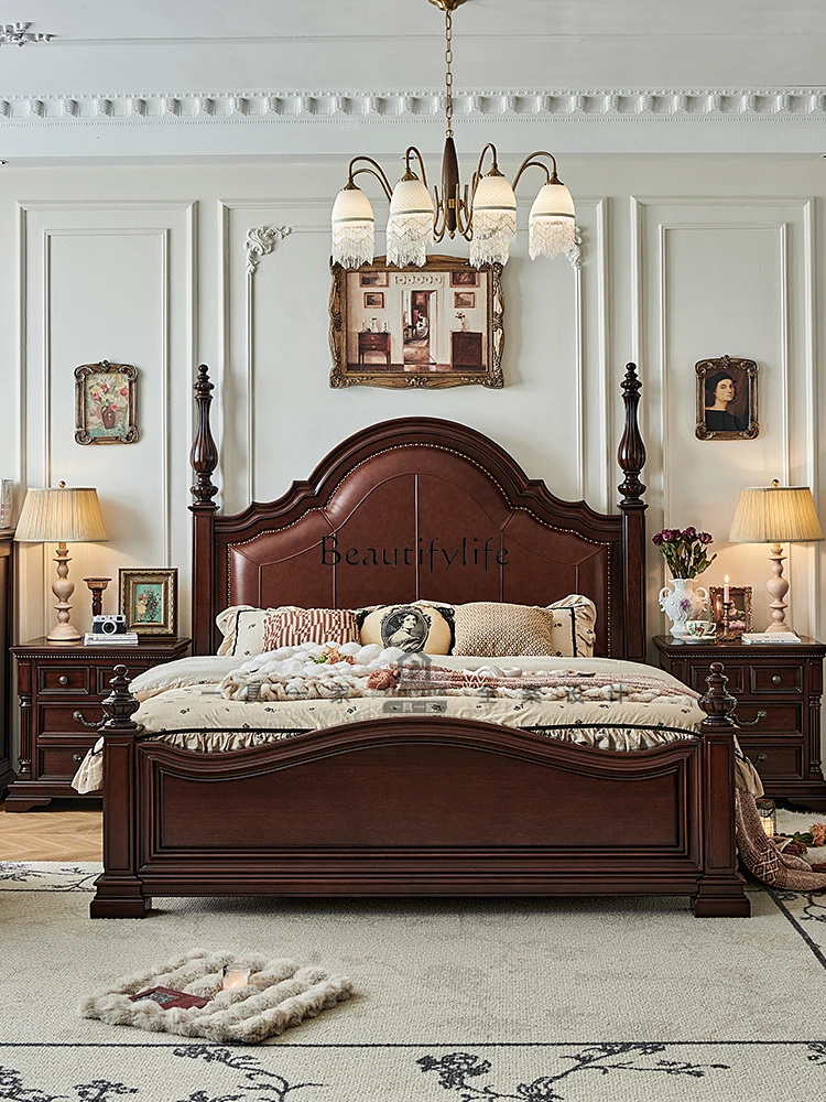 

*American gold silk teak all solid wood retro first layer oil wax leather leather 2 meters large bed