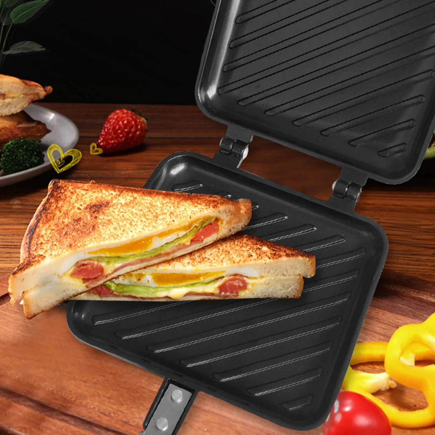 Toasted Sandwich Maker Non-stick Grilled Panini Maker With Insulated Handle Hot Sandwich Making Machine Kitchen Tools