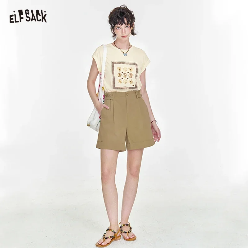 ELFSACK High Waist Paperbag Shorts Buckle Detail Wide Leg Casual Shorts Solid Color Cuffed Hem Summer Bottoms