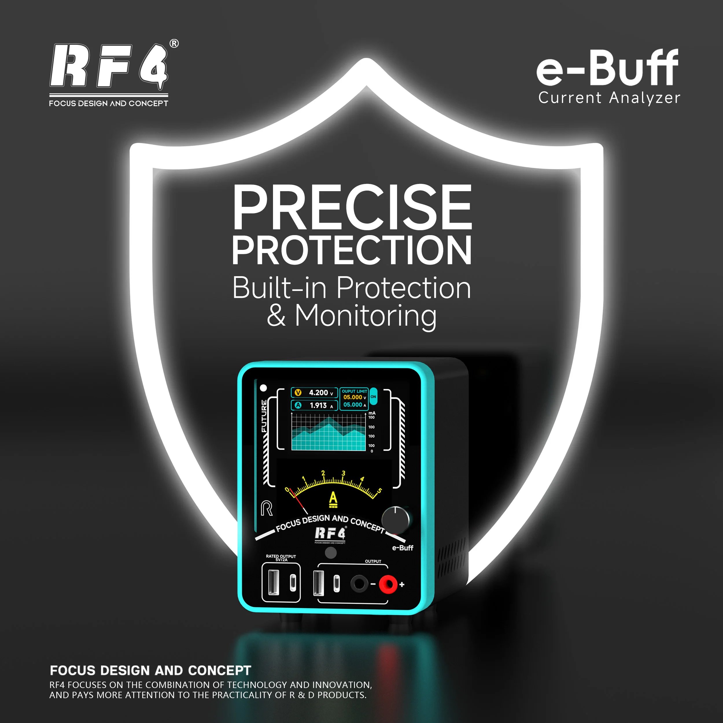 RF4 Smart DC Power Supply: Displays power fluctuations on the screen and features protection and monitoring functions.