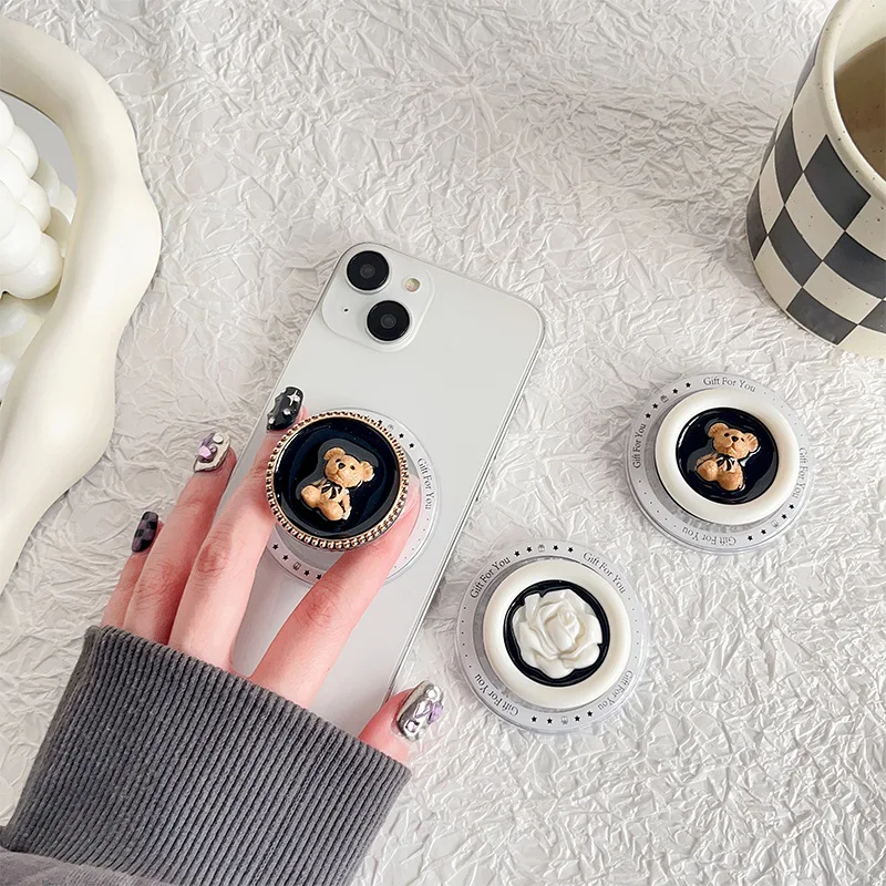 

Корейская подставка для телефона с медведем и цветком, выдвижная, с магнитом MagSafe для Iphone 17 Samsung Griptok Grip Tok, держатель кронштейна