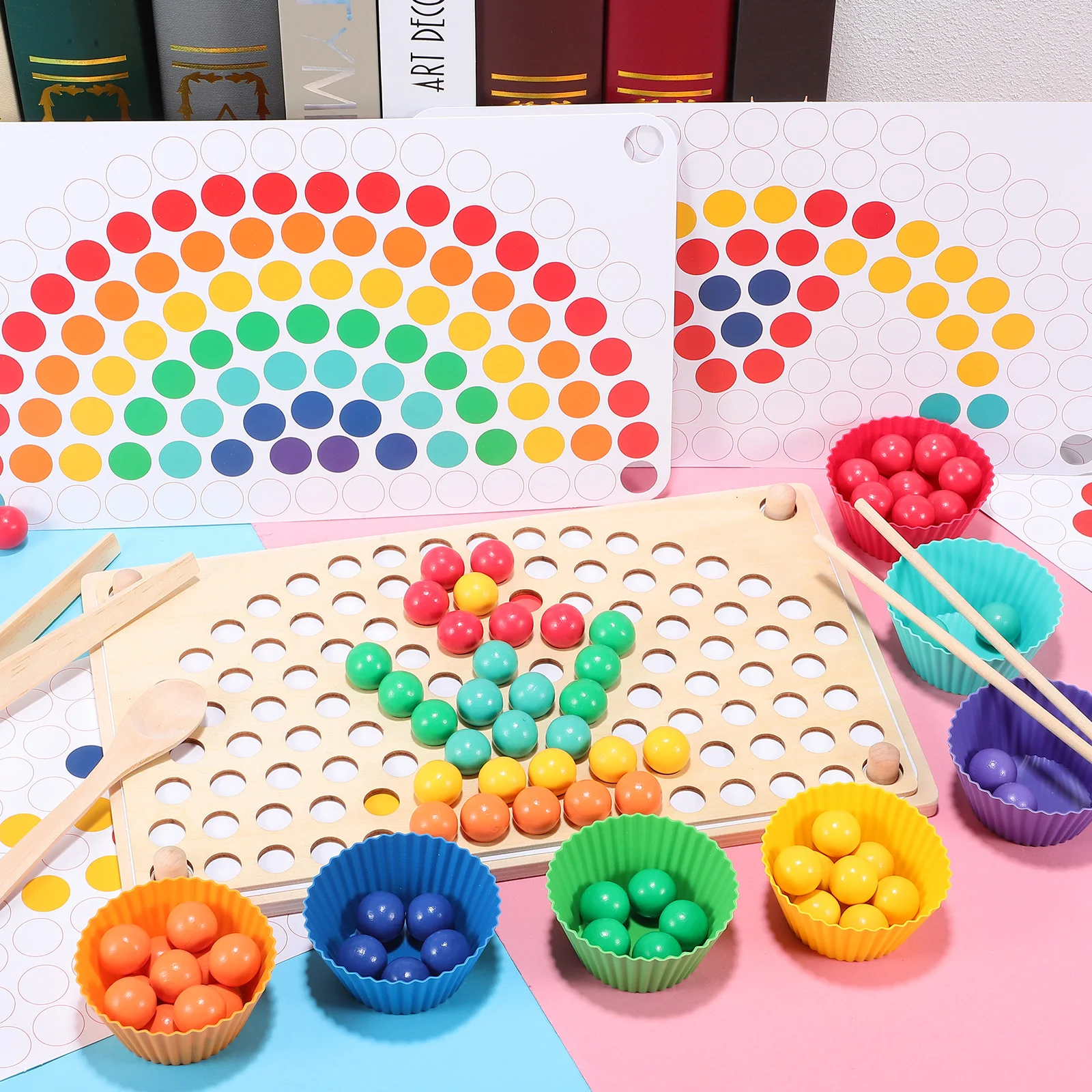 Jeu de découpe de perles arc-en-ciel, cartes à motifs d'échiquier, perles colorées, jouet d'apprentissage pour enfants, planche en bois éducative Montessori