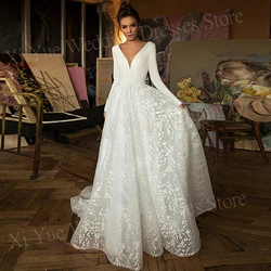 2025 Generous A Line Women's Wedding Dresses Sexy V Neck Long Sleeve Customized Bride Gowns Charming Lace Appliques فستان الزفاف