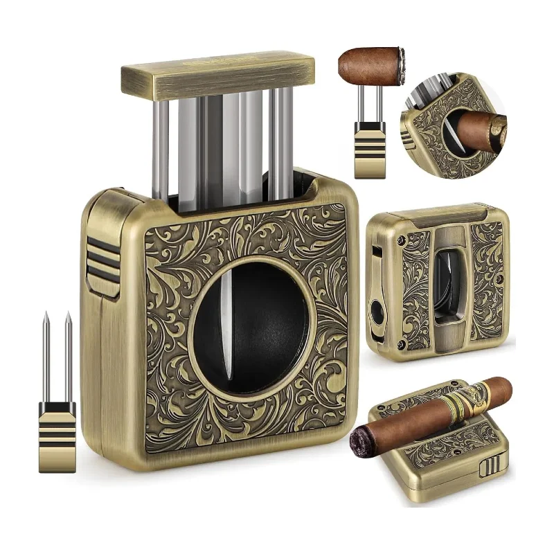 Cigar Cutter,4 in 1 Multifunction V Cut Cutter with Cigar Punch,Cigar Holder Twin Nubber Suitable for Max 60 Ring Gauge Cigars