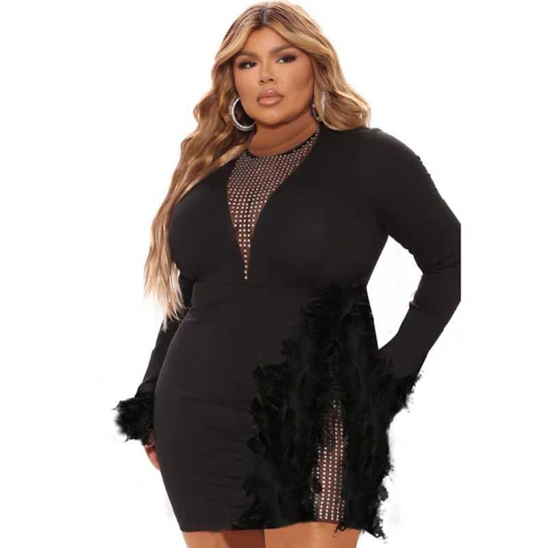 Plus Size Women Sexy Dresses Long Sleeve V-Neck Gauze Feather Tight Nightclub Party Dresses Fashion Elegant Lady Evening Dress