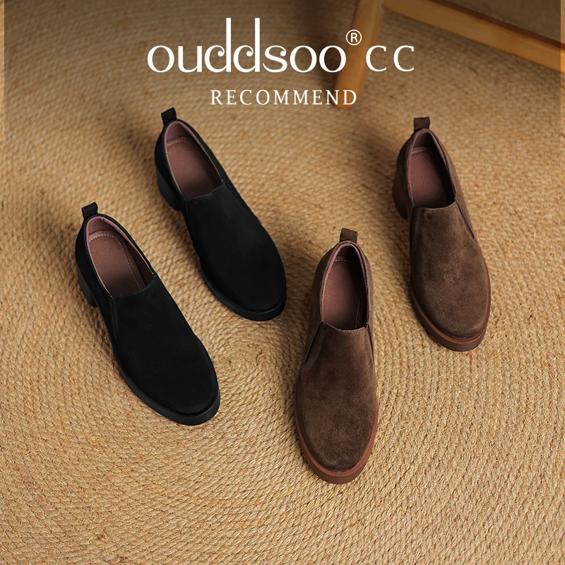 

Ods Sheep Suede Round Toe Thick Bottom Spring Shoes Brown Slip On Retro Deep Mouth Vintage Design Pumps Genuine Leather Loafers