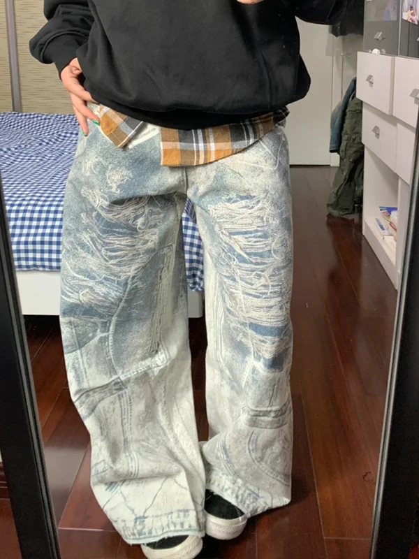 ผู้หญิงสีฟ้าY2kกางเกงยีนส์Harajukuญี่ปุ่น 2000Sสไตล์Baggy DenimกางเกงVINTAGE Aesthetic Ripped Jeanกางเกงถังขยะเสื้อผ้า 2025