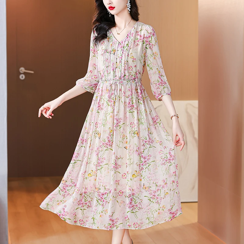 2024 New Women's Printed Silk Dress Large Loose Drawstring V-Neck Fragmented Flower Over Knee Dress Casual Elegant Party Dress