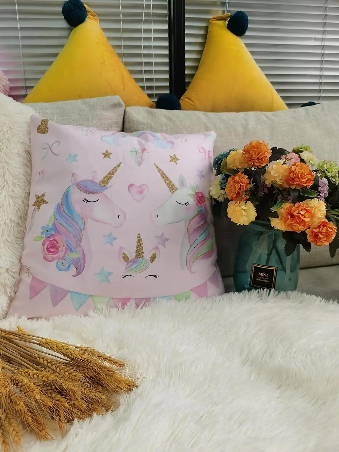 Wajade Unicorn Throw Pillow Cases 1 Pack of Pink Unicorn Cushion Decorative Pillow Covers 45 x 45 cm for Girls  Invisible Zipper