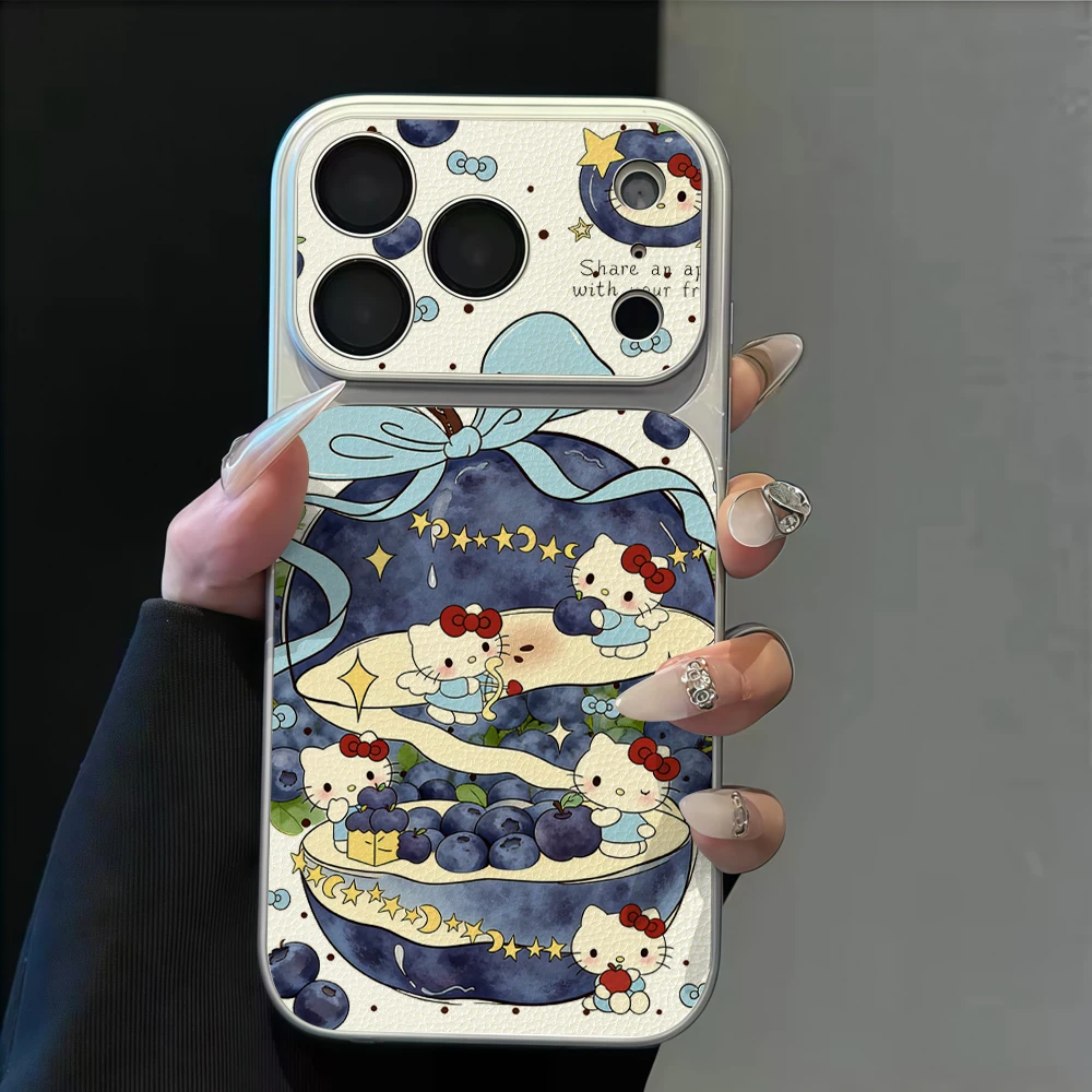 Blueberry Hello Kitty Bow Cute Phone Case For iPhone 17 16 Pro Max Air 15 14 13 12 11 Pro Max 17E 8 Plus Soft Big window Cover