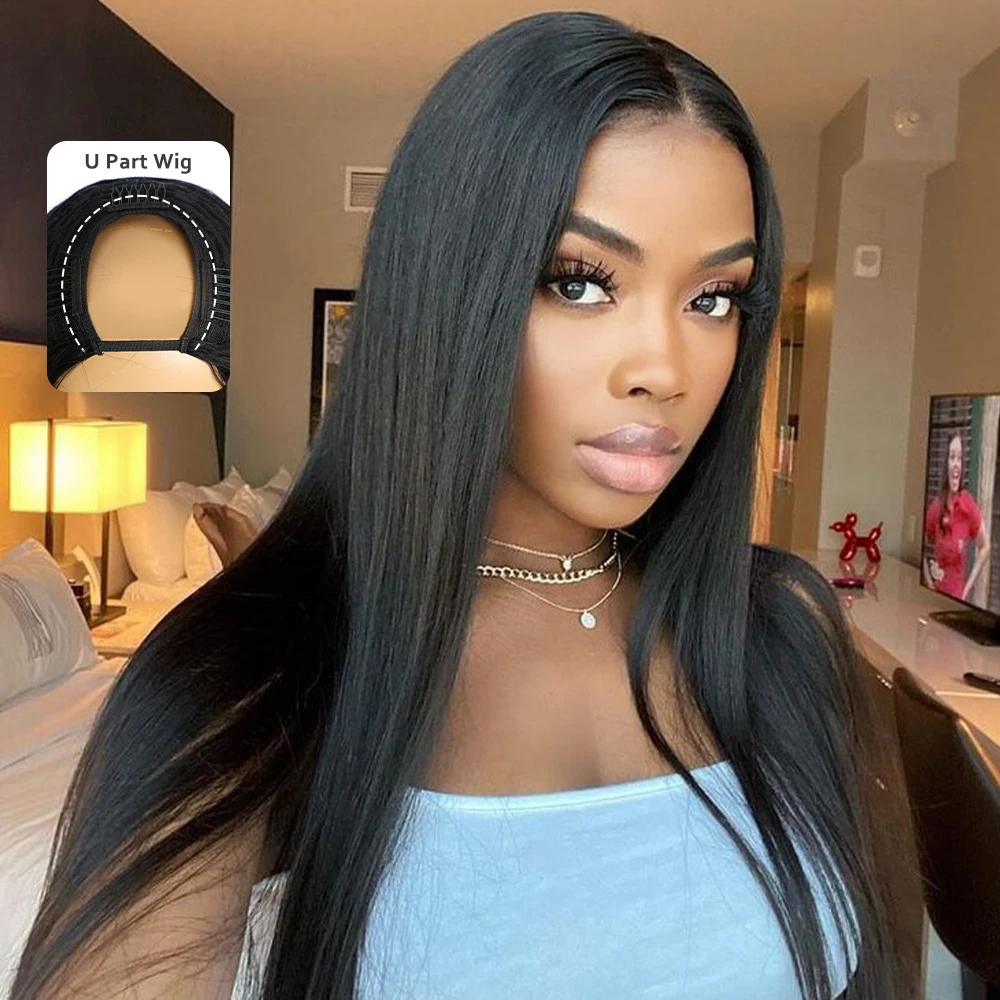 Megeen 스트레이트 U 파트 가발, 브라질리언 인모 기계 가발, 버진 헤어, 초보자 친화적, 18-30 인치