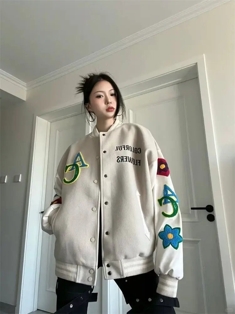 Retro American Embroidered Baseball Uniform Tide Ins Autumn And Winter Korean Version Of Loose Women\'s Jackets Sweet Coat Women