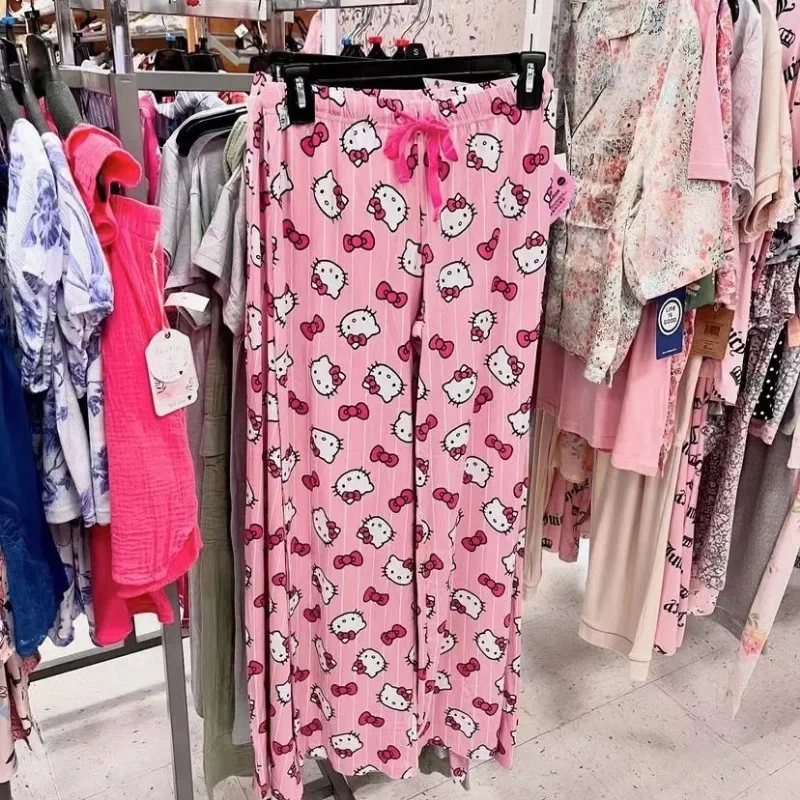 Sanrio-pantalones de pijama de Hello Kitty para mujer, ropa informal de dibujos animados para el hogar, a la moda, para Otoño e Invierno