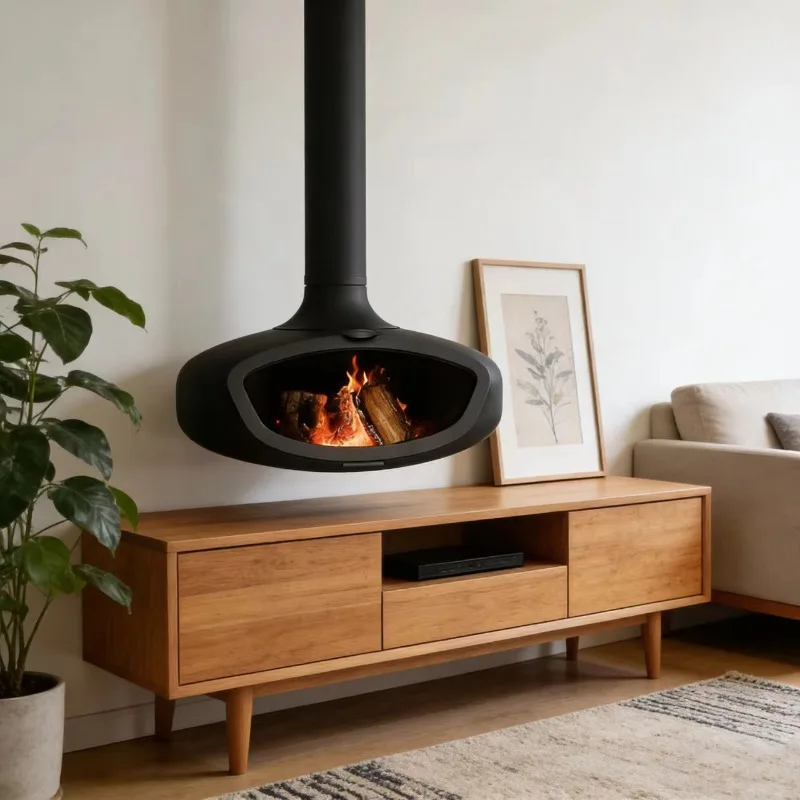 Wood Burning Stove Indoor Freestanding Hanging Fireplace Heater Transparent Glass Carbon Living Room Hotel view 3