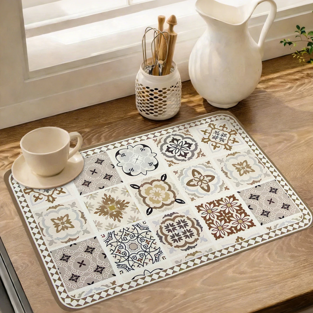 Retro Bohemian Dish Drying Mat Water-absorbing Diatom Pad Kitchen Coffee Machine Absorbent Drainage Pad Tableware Cup Drying Mat