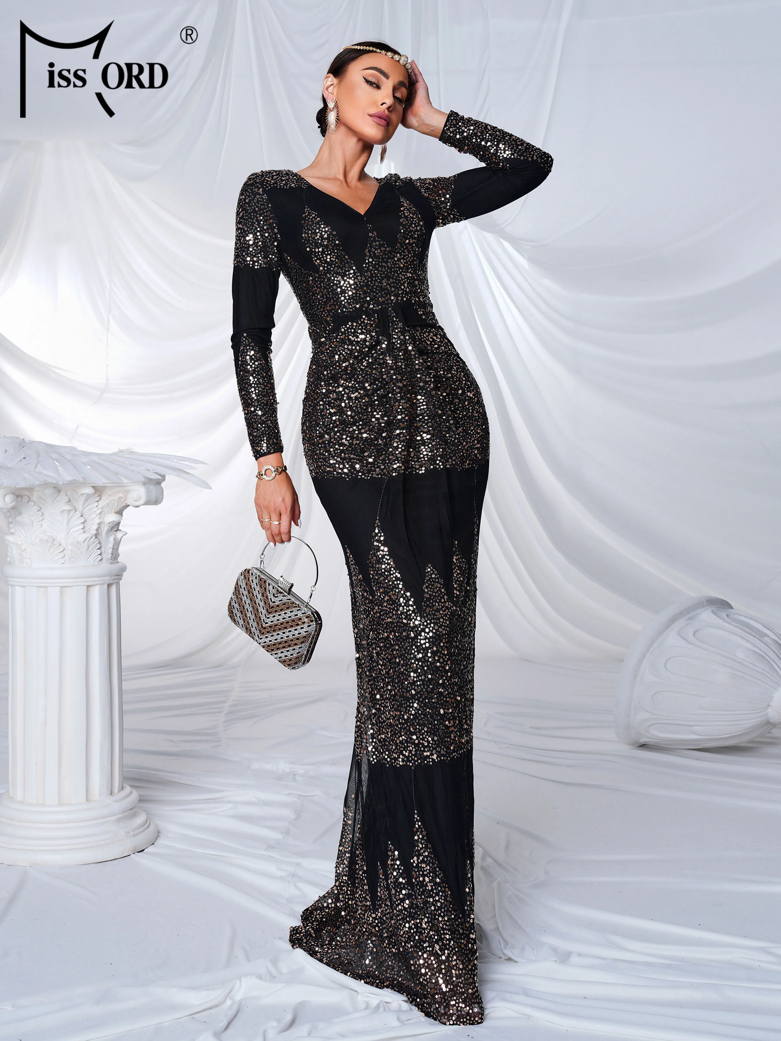 

Missord New V Neck Long Sleeved Sequin Evening Gown Wedding Birthday Party High Quality Luxury Formal Occasion Graduation Dress