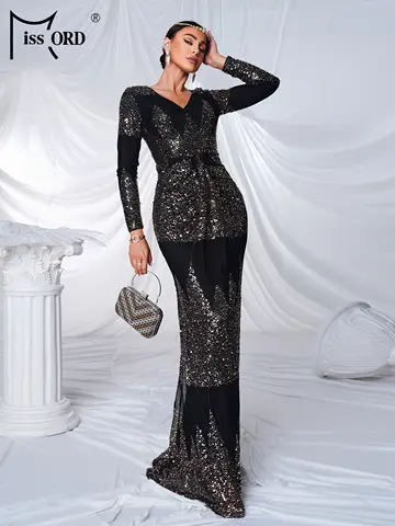 Missord New V Neck Long Sleeved Sequin Evening Gown Wedding Birthday Party High Quality Luxury Formal Occasion Graduation Dress