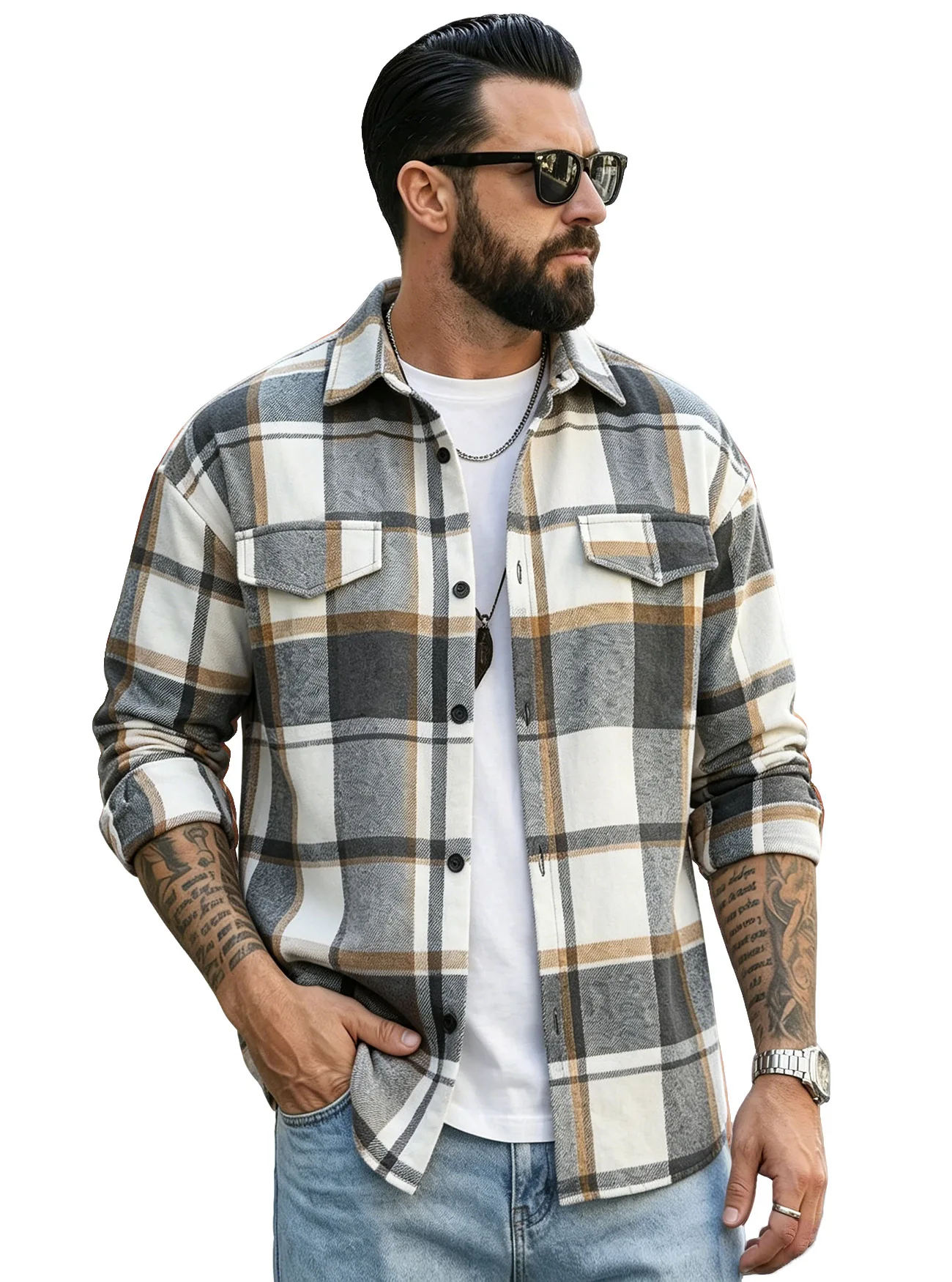 Spring and Autumn Men's Lapel Checked Cardigan Pocket Casual Long Sleeve Jacket Large Size Shirt view 5