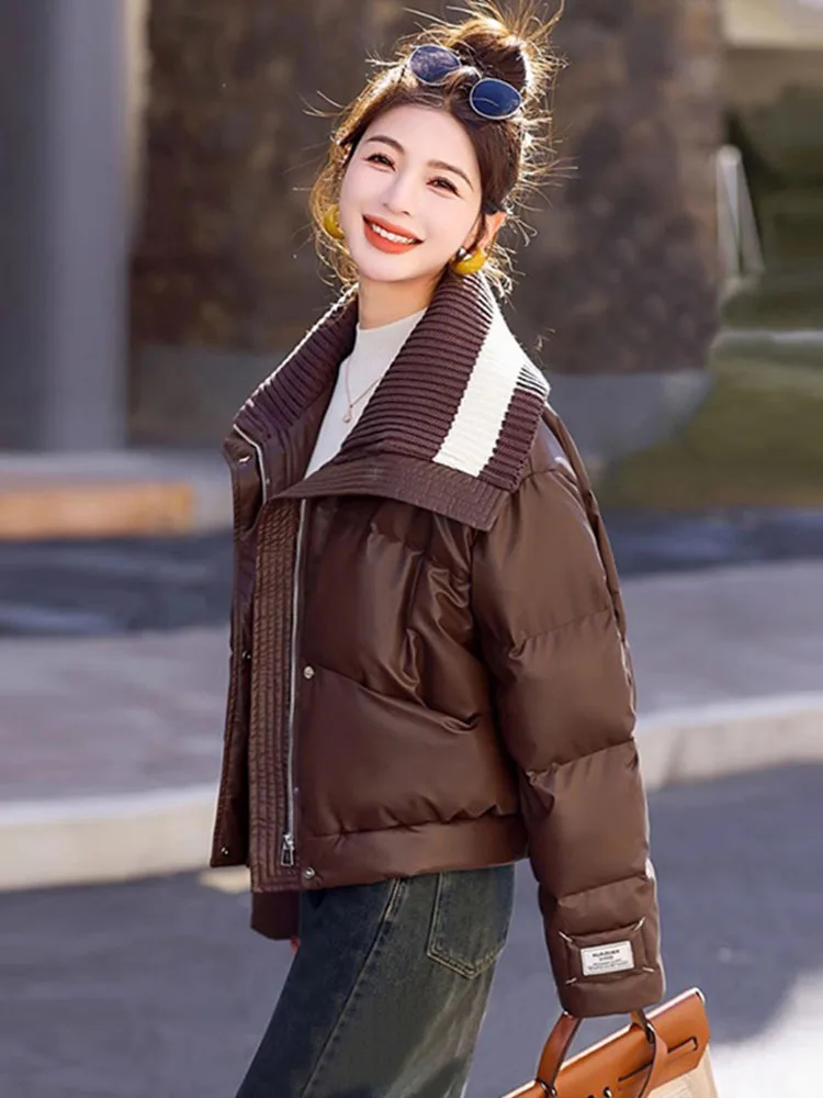 

European Style Knit Large Lapel Cropped Down Women's Winter 2024 New Korean Version Loose-fit Thickened Puffer Jacket Sleeves