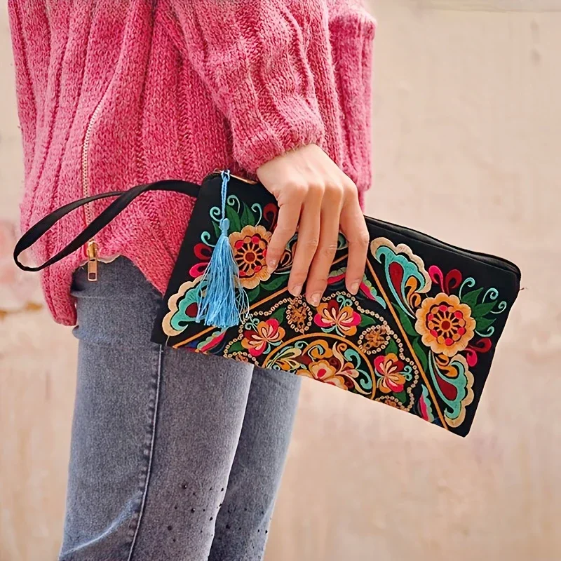 Vintage Ethnic Style Embroidered Long Wallet Wristlet Clutch Bag with Flower Fabric and Phone Pocket