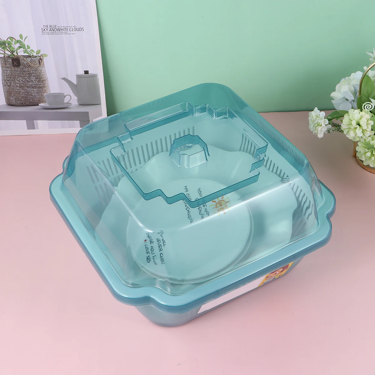 

Kitchen Dish Rack Storage Box with Lid Transparent Cover Water Drain Design Tableware Organizer Eco-Friendly Shelf