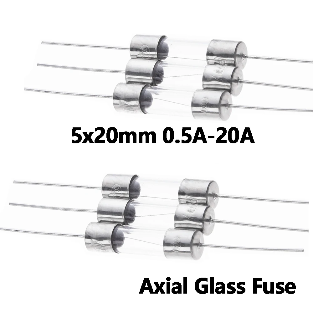 10PCS 5x20mm 0.5A-20A 0.5A/1A/2A/3A/3.15A/4 0.5A-25A Axial Glass Fuse Fast Slow Blow 250V With Lead Wire 5*20 F 4A/5A fuse tube