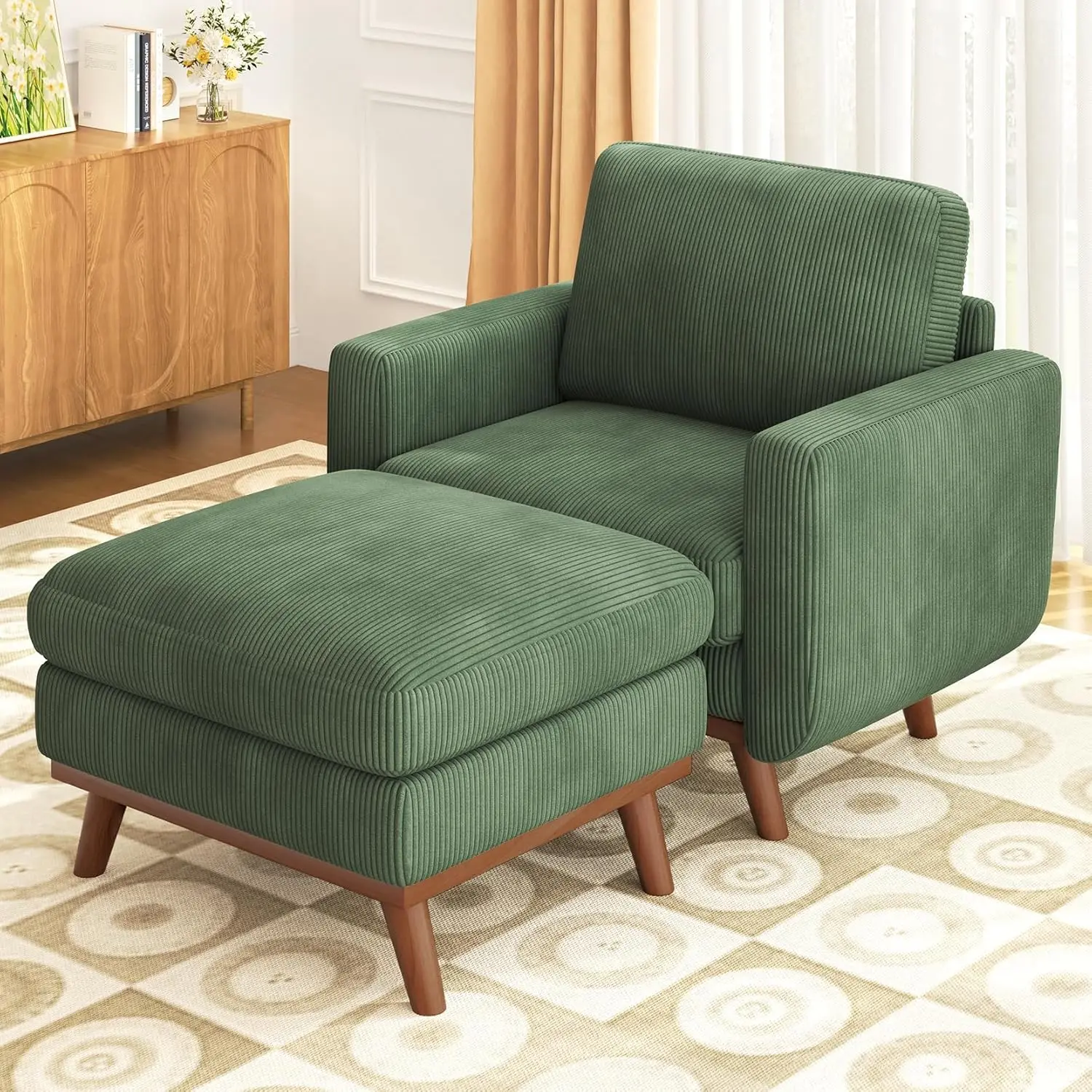 

38.5" Corduroy Accent Chair with Movable Ottoman Spring Cushion Comfy Reading Seat for Living Room Bedroom Apartment, Customized