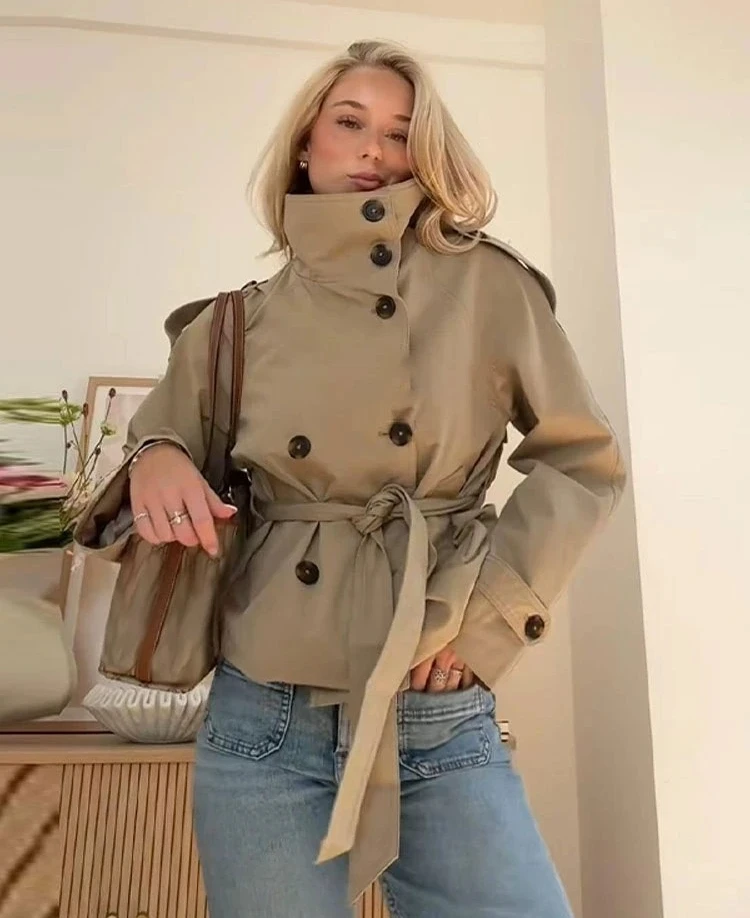 Trench da donna con colletto alla coreana primavera autunno Nuovo con cintura Giacca doppiopetto Cappotto giacca a vento a maniche lunghe High Street