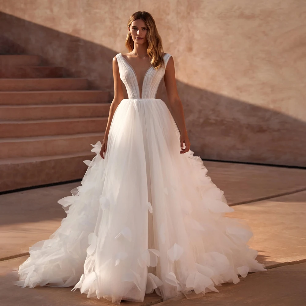 فستان زفاف تول على شكل حرف V مع رقبة على شكل V 2026 فستان زفاف مخصص فيستدو لارجو إنفيتادا بودا رويسيبريدال #1