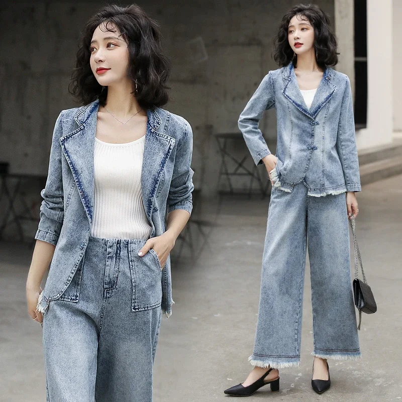 

Autumn Spring Women Suit Collar Vintage Bleached Tassel Ripped Denim Blazer Set , Woman Casual Fall Wide Leg Pants Blazers Coats