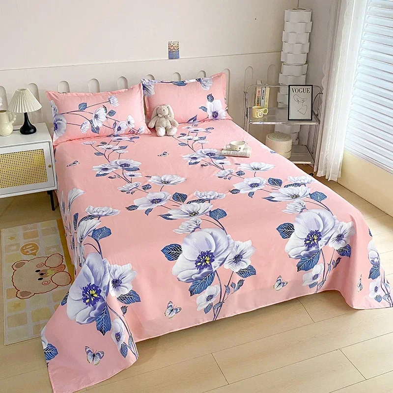 Chic Butterfly Floral Flat Sheet, Soft Garden Flower Pink Bed Sheet Set Botanical Bed Cover with 2 Pillowcase for Women Girls