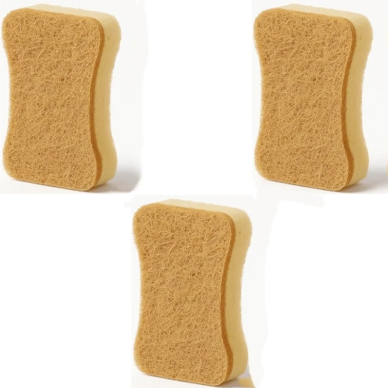 3Pcs Three-color Sisal Wood Pulp Sponge with Leather Sleeve Coconut Palm Scrubber Kitchen Dish Pot Cleaning Pad Kitchen Tool